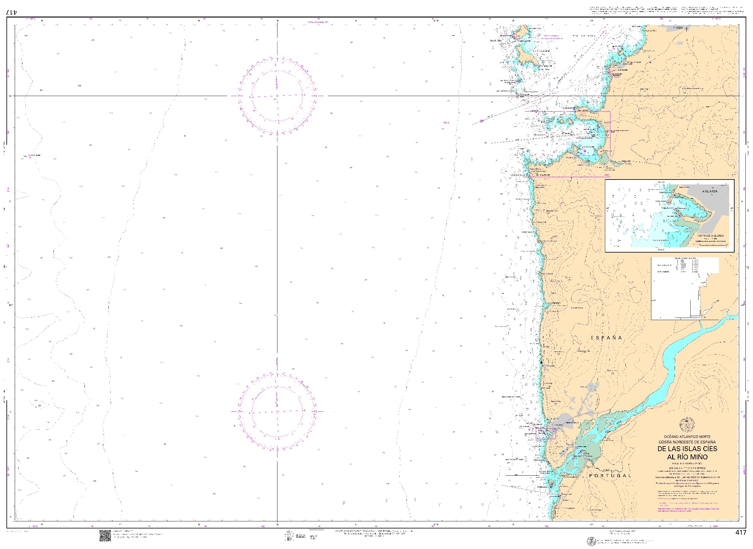 417 De las Islas Cíes al río Miño (plano inserto: Puerto de a Guarda) "1:60000 POD. 1:60000. 1:60000"