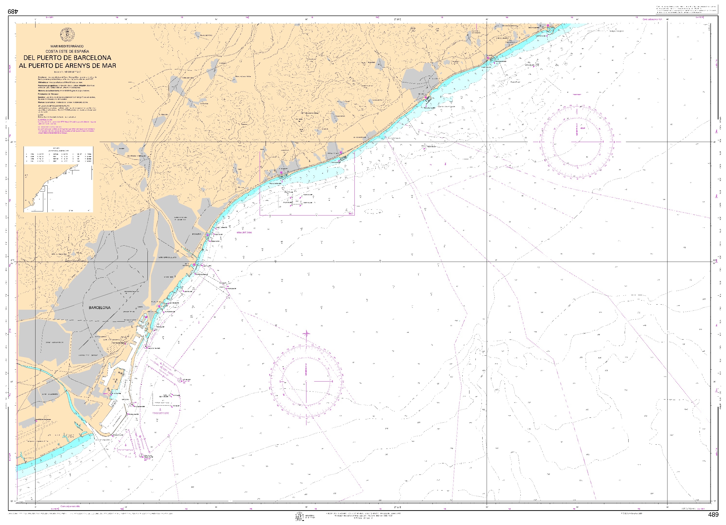 D489 Del puerto de Barcelona al puerto de Arenys de Mar (puertos que figuran al dorso: Port Vell, Puerto ". 1:50000. 1:50000"
