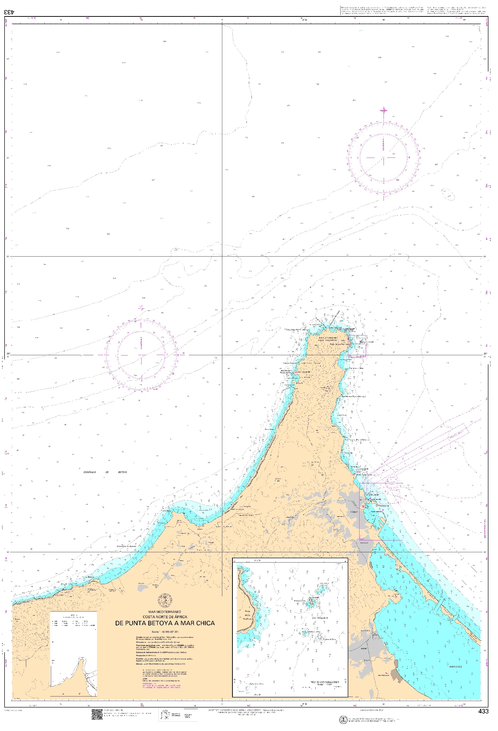 433 De cabo Tres Forcas (Ras Tleta Madari) a ras Cantara run (plano inserto: Freu de los Farallones) ". 1:50000. 1:50000"