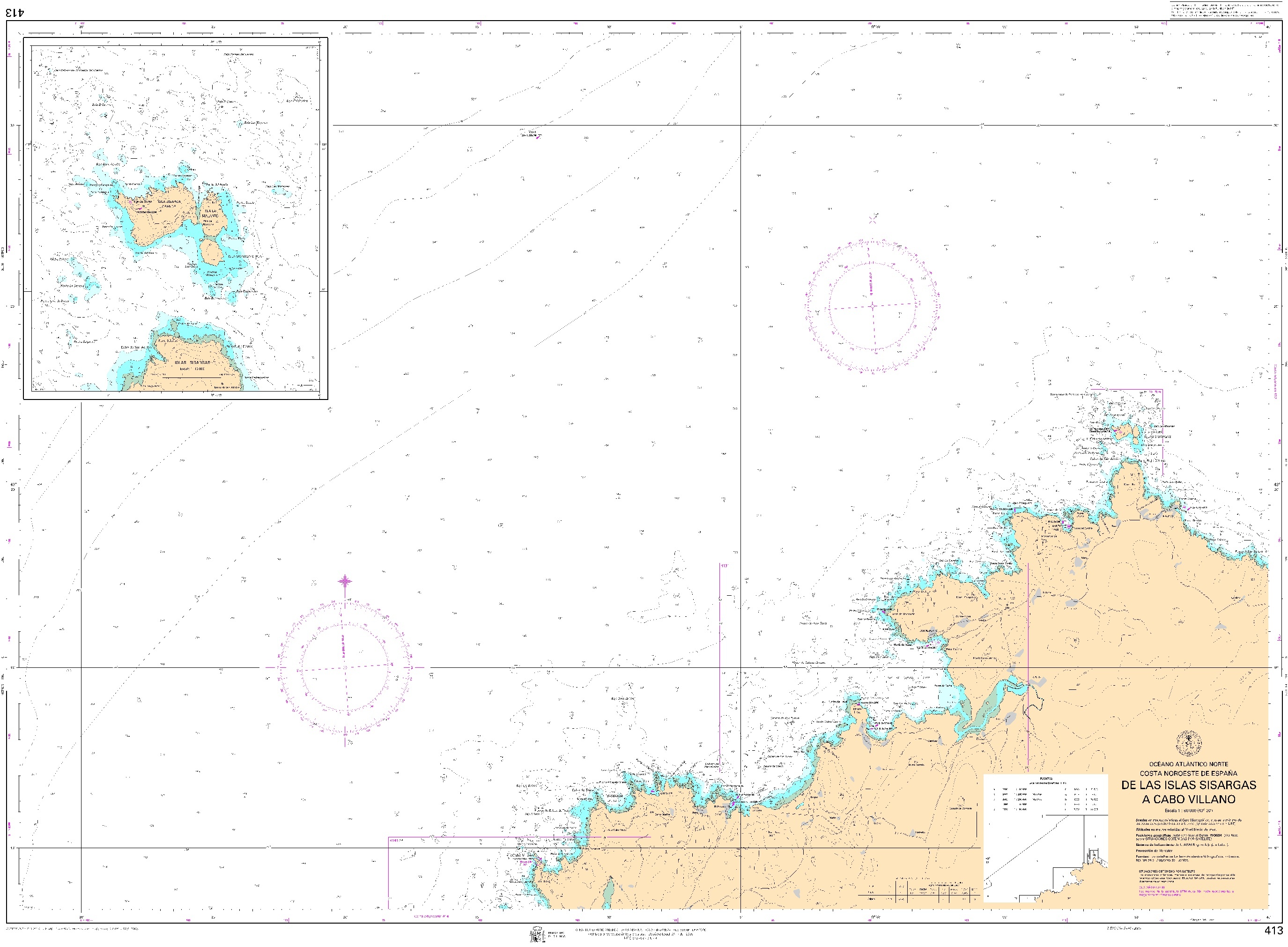 413 De las islas Sisargas a cabo Villano (plano inserto: Islas Sisargas) "1:60000. 1:60000. 1:60000"