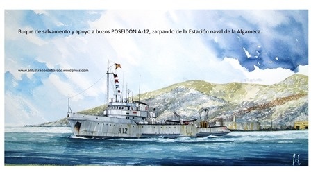 Cuadro del buque de salvamento y apoyo Poseidon A-12, zarpando de la base naval de Alameca