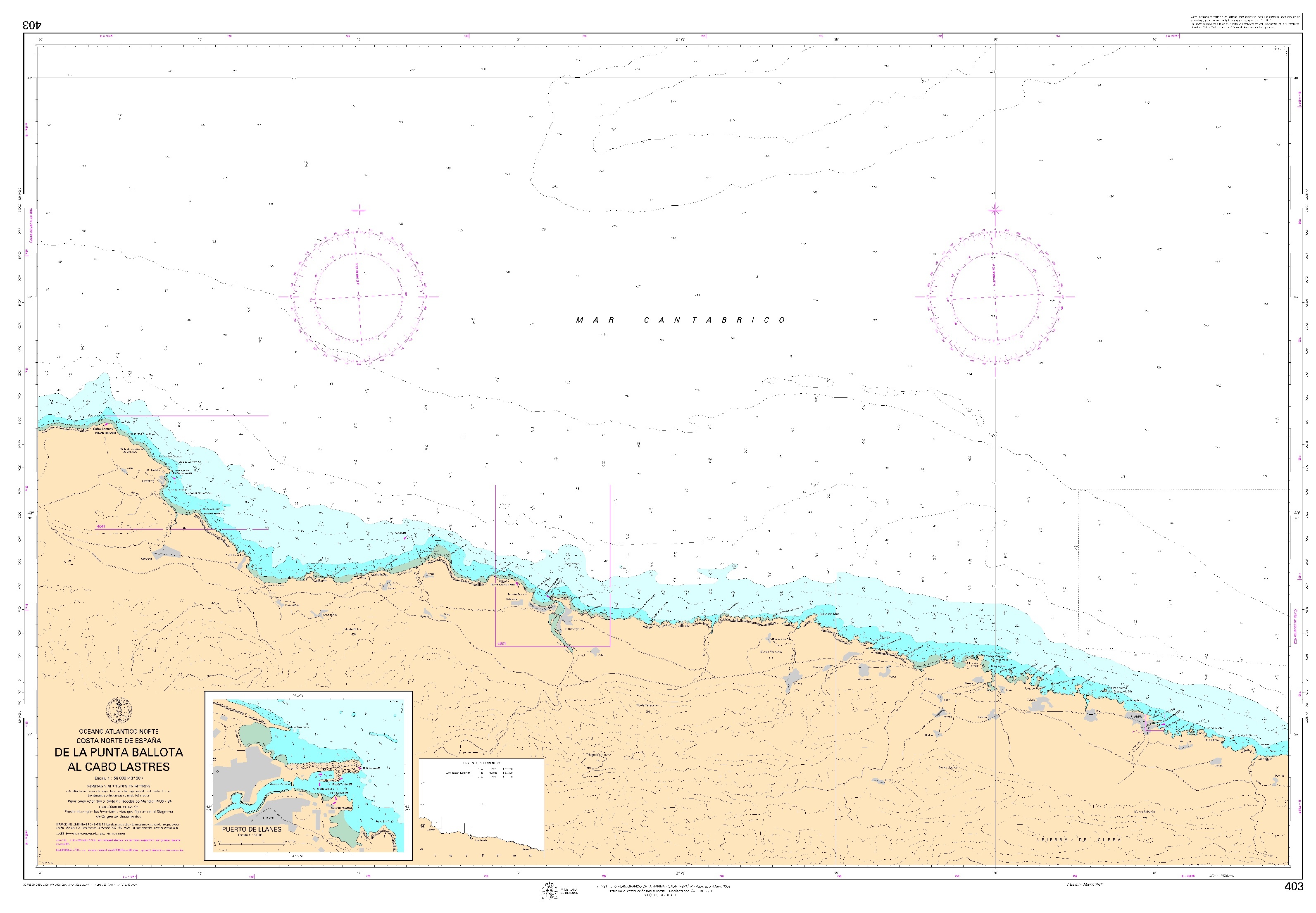 403 De la punta Ballota al cabo Lastres (plano inserto: Puerto de Llanes) ". 1:50000. 1:50000"