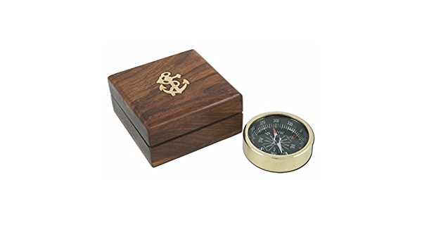 Brújula dorada-5cm-  + caja de madera