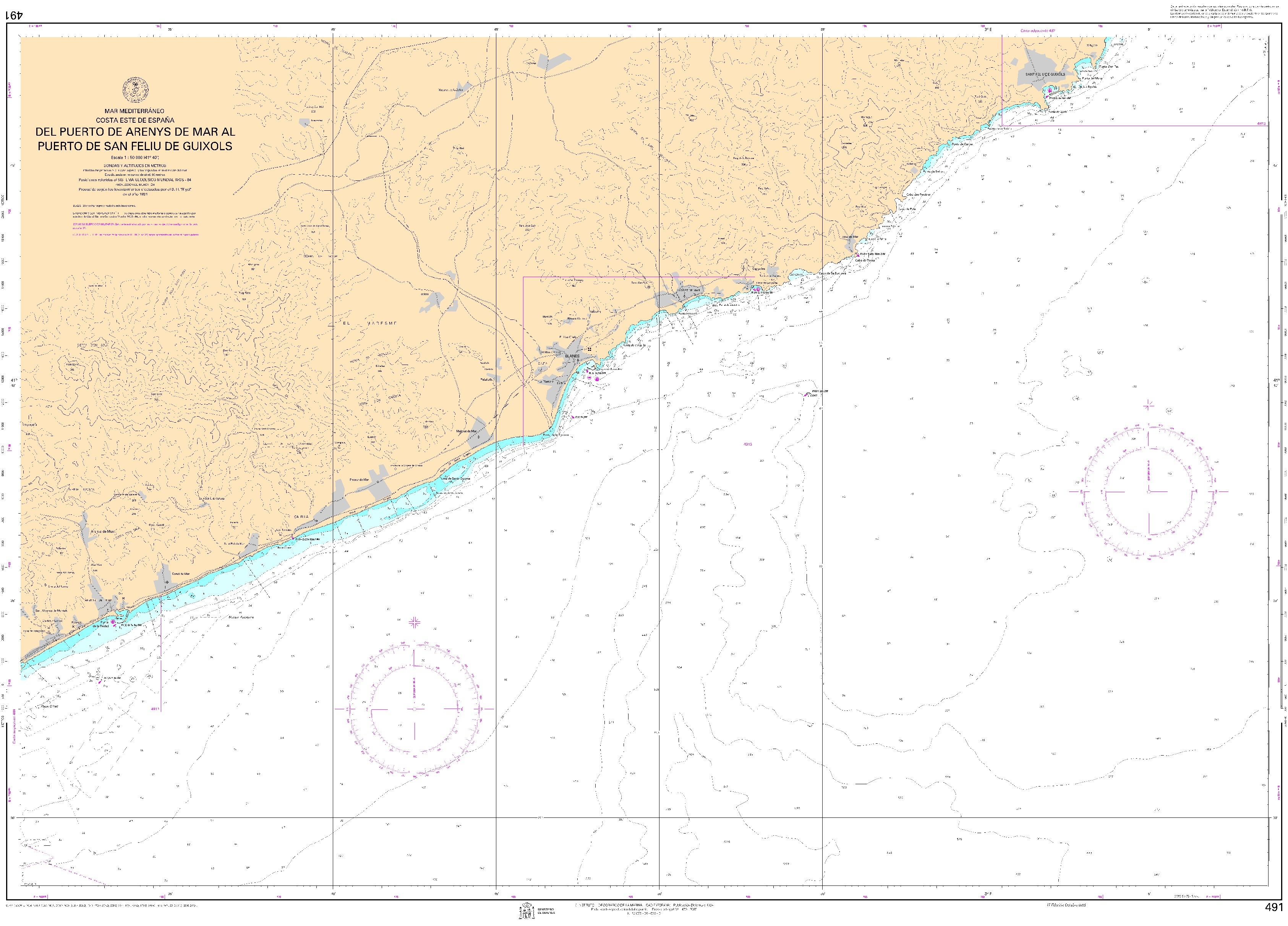 491 Del puerto de Arenys de Mar al puerto de Sant Feliu de Guixols ". 1:50000. 1:50000"