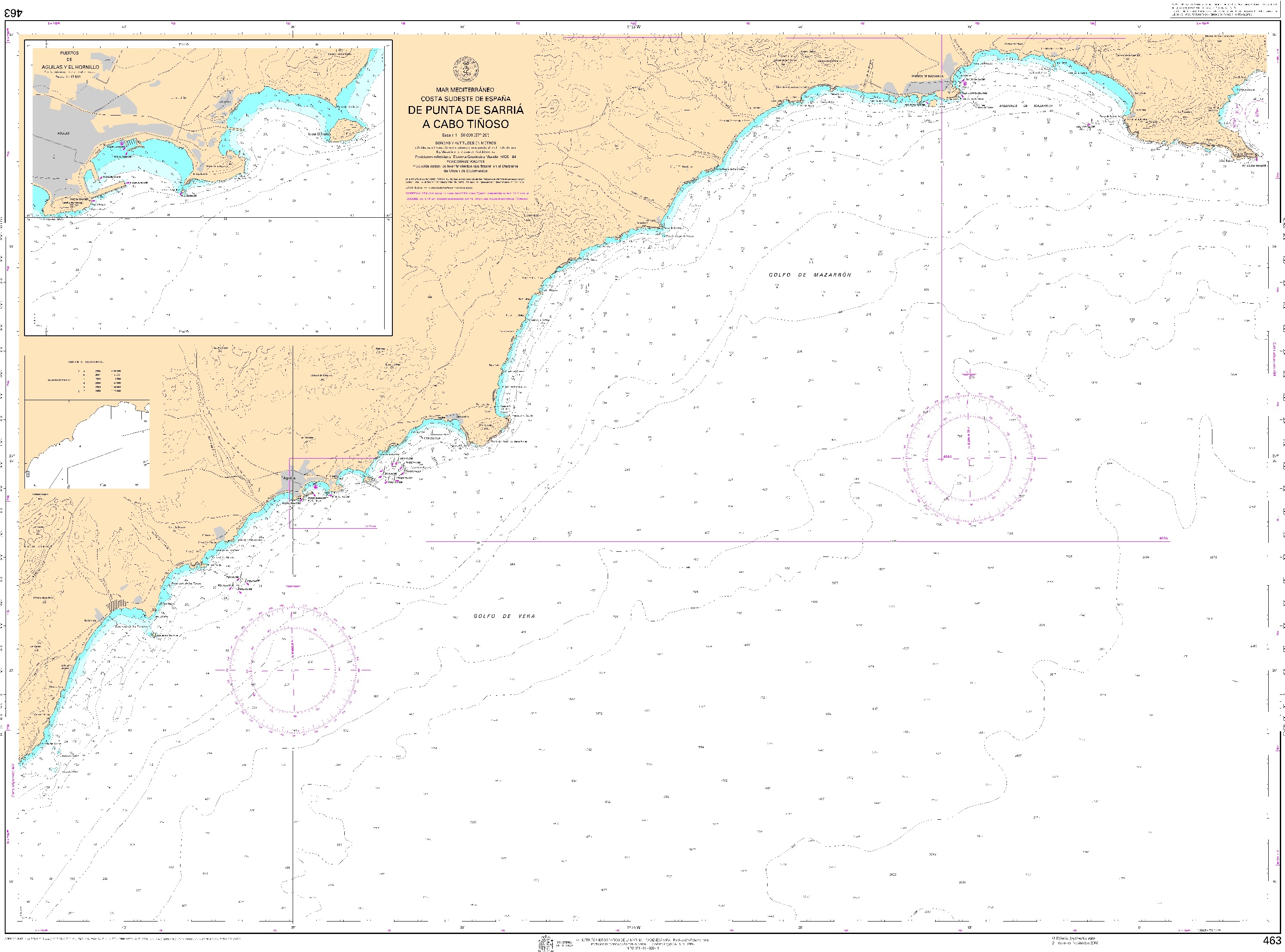 463 De punta Sarriá a cabo Tiñoso (plano inserto: Puertos de Aguilas y El Hornillo) ". 1:50000. 1:50000"