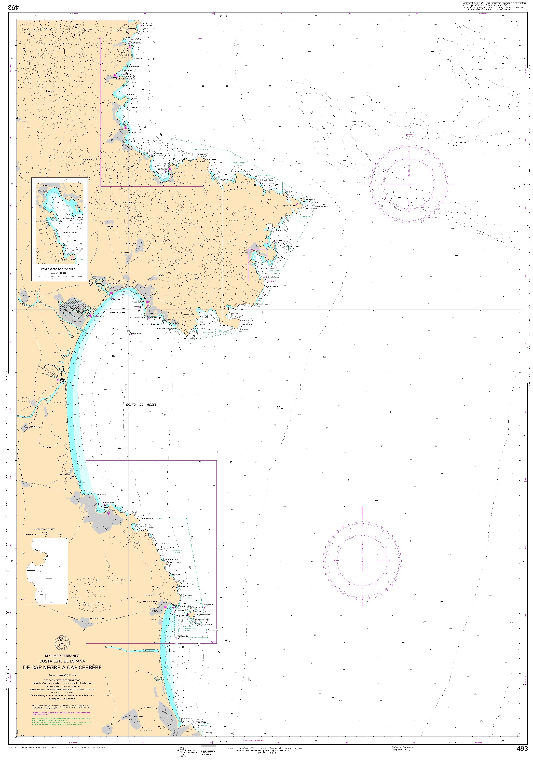 493 De cap Negre a cap Cerbère (planos insertos: Puerto de Llançá. Fondeadero de Cadaqués) ". 1:50000. 1:50000"